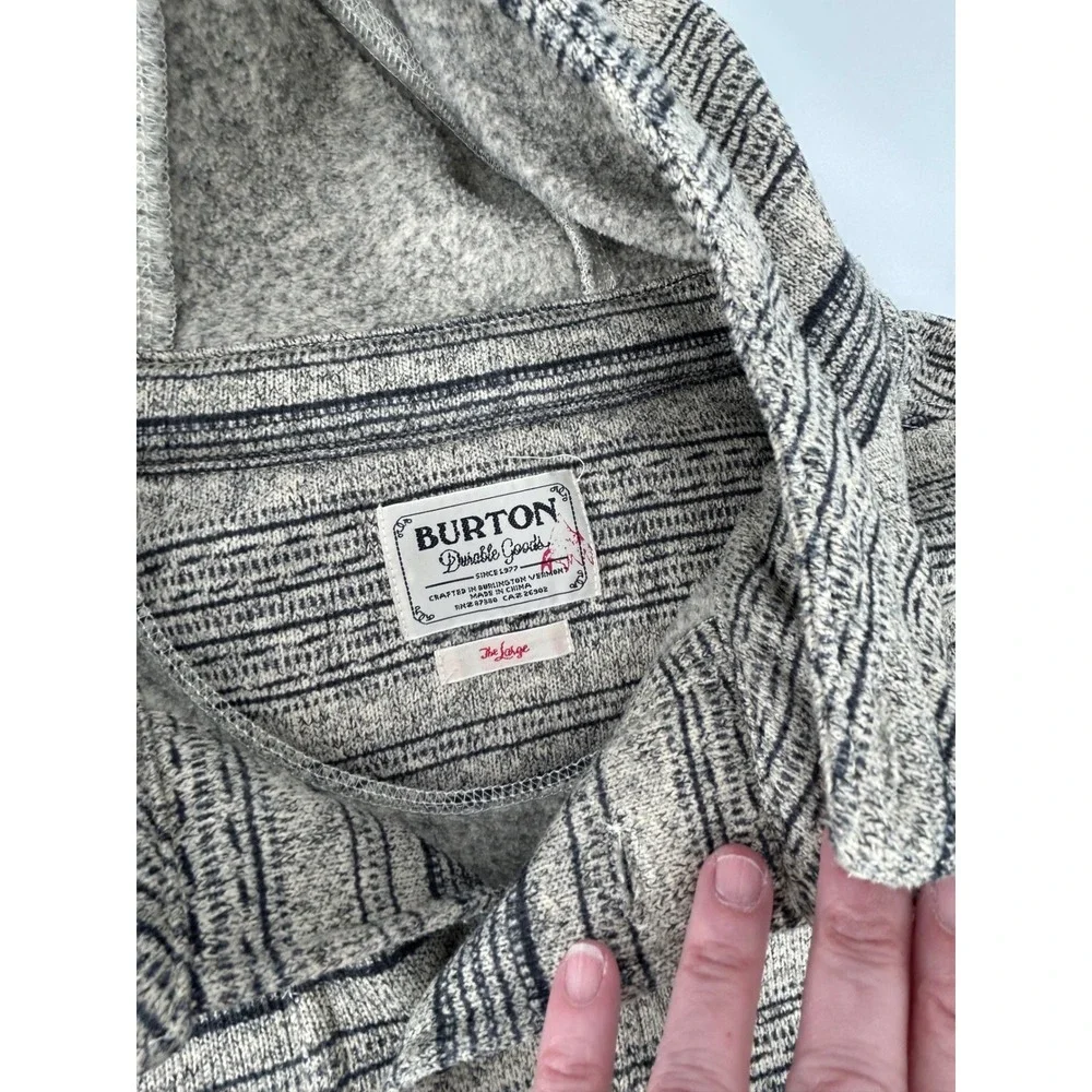 Burton Mens Striped Fleece Hoodie Grey Black‎ Henley Button Neck Pullover Large